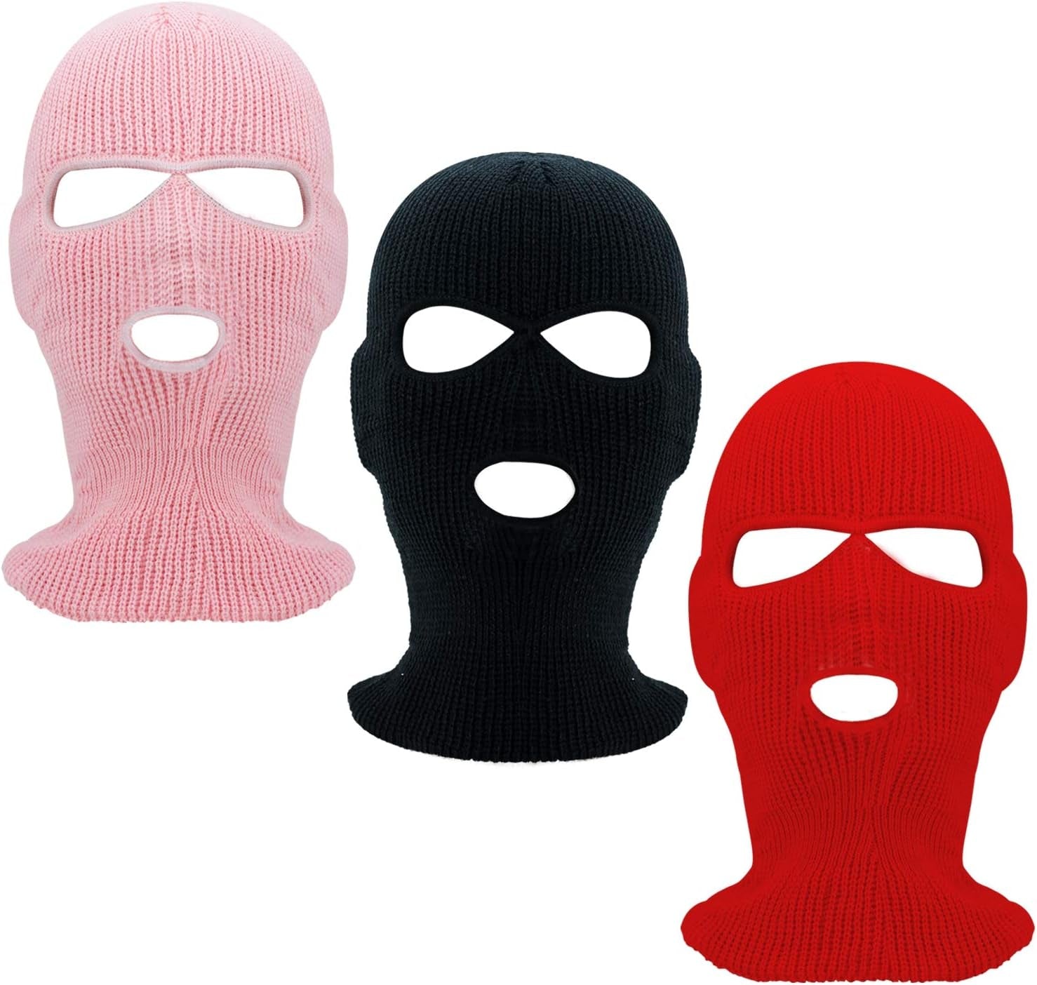 3 Piece 3 Hole Full Face Cover Ski Mask Double Thermal Knitted Ski Face Mask for Winter Outdoor Sports Men Women (Black+Red+Pink)