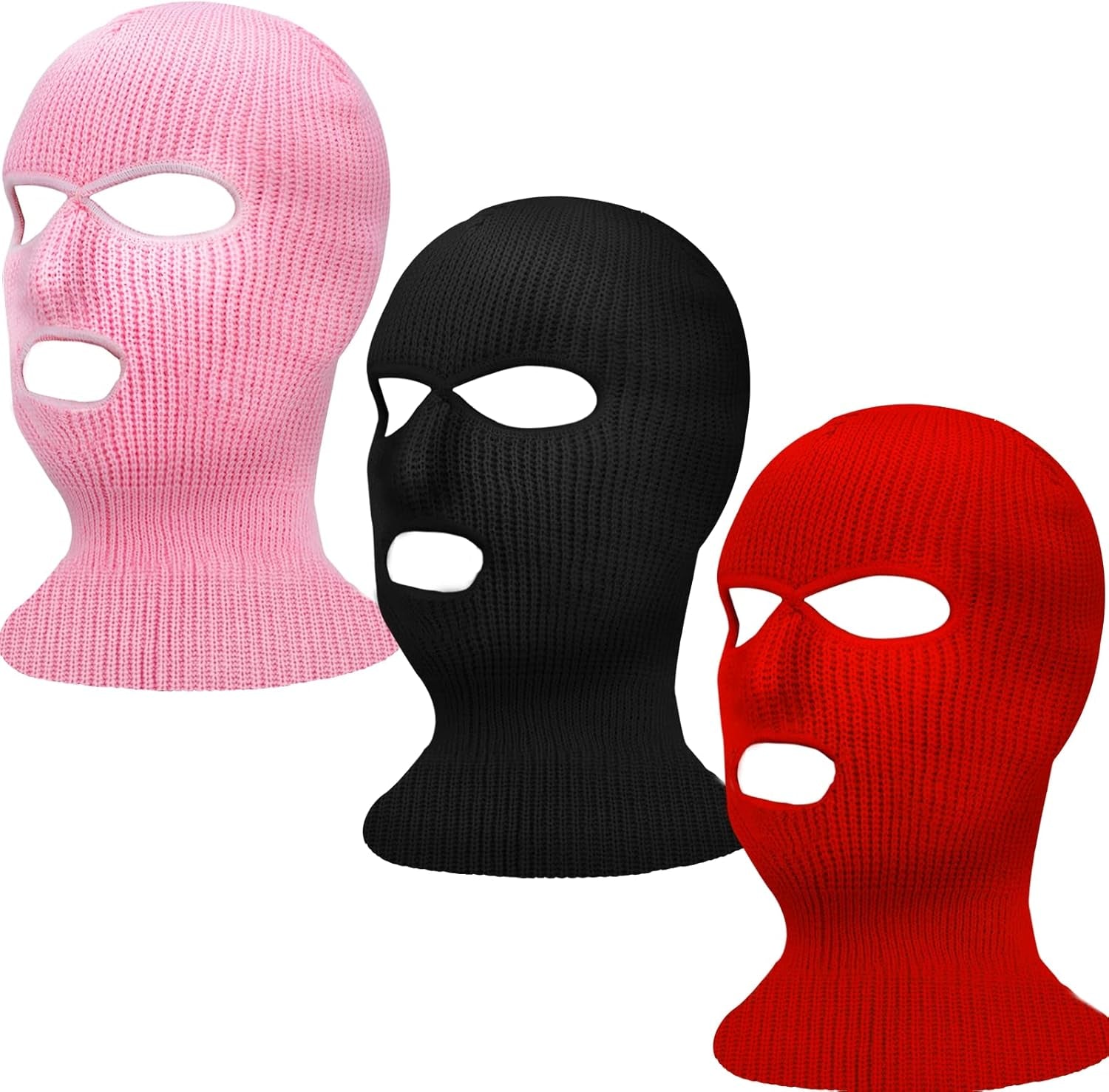 3 Piece 3 Hole Full Face Cover Ski Mask Double Thermal Knitted Ski Face Mask for Winter Outdoor Sports Men Women (Black+Red+Pink)